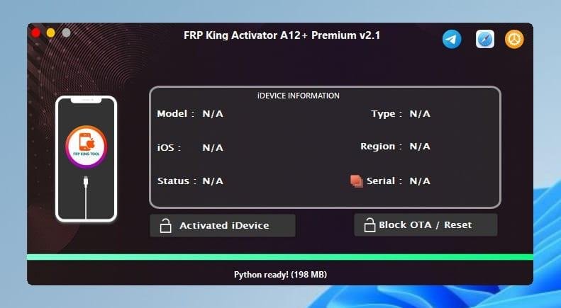 Ativador FRP King A12+ Premium V2.0 para desbloqueio sem sinal em iPhones do XR ao 17 Pro Max e iPads do 8 ao M3✅