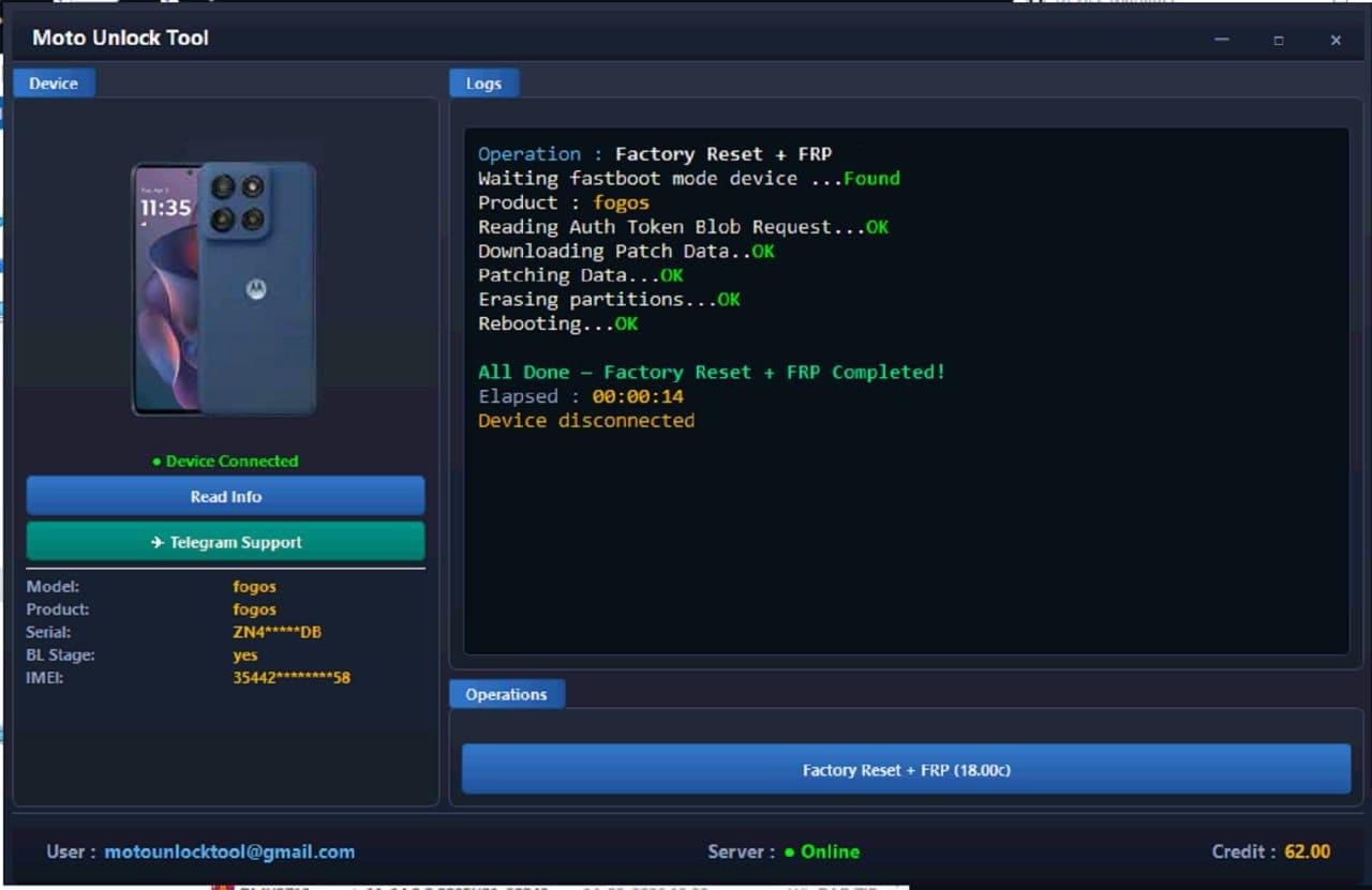 Créditos da ferramenta Moto Unlock para remoção de FRP - Desbloqueio de rede - Desbloqueio de bootloader (novos usuários)✅️